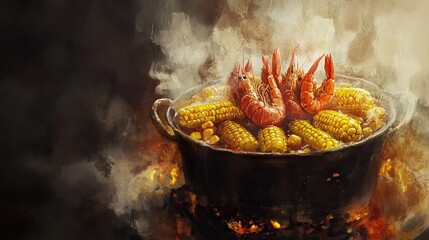 A vibrant pot filled with shrimp and corn, steaming over an open flame, showcasing a delicious seafood boil.
