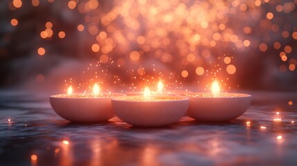 Four lit candles with glowing embers and bokeh lights in warm tones flame fire