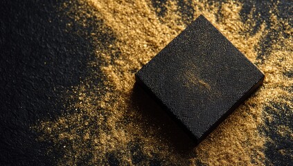 Black square box on dark surface with gold glitter