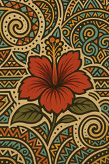 Tribal-style floral illustration featuring a bold red hibiscus flower set against intricate Polynesian-inspired geometric patterns, blending tropical beauty with traditional Pacific Island art aesthet