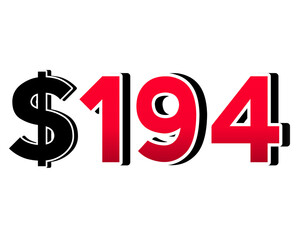 Bold red number $194 with a black dollar sign in a 3D style, featuring white and black outlines, creating a shadow effect on a white background.