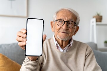 A Pathan senior man holding smartphone with blank screen for mockup,Senior man showing blank smartphone with empty white screen to camera