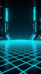 Futuristic Grid Pathway with Neon Blue Lighting