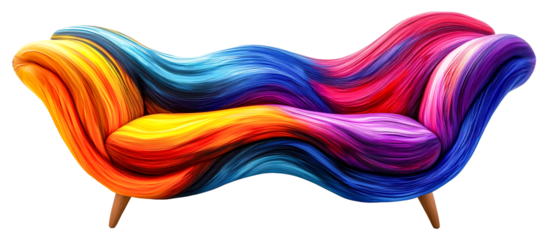 Vibrant, multicolored sofa shaped like brushstroke on canvas, featuring flowing lines and dynamic design, evokes creativity and artistic expression., isolated