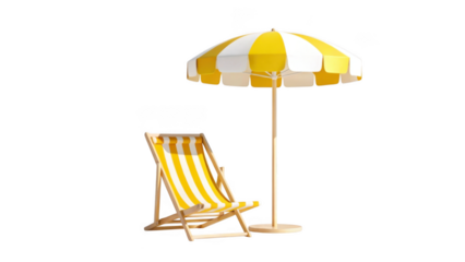 Yellow and white striped beach chair and umbrella isolated on transparent background