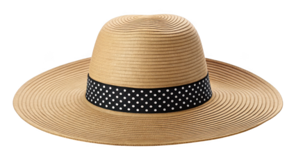 Straw sun hat with polka dot ribbon isolated on transparent background