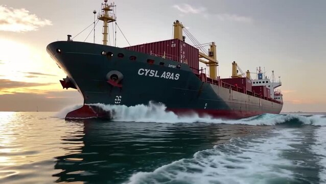 La cámara, a ras del agua, se inclina lentamente hacia arriba para revelar un colosal barco de carga que avanza