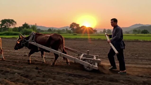 Agricultor guiando una yunta de bueyes que tiran de un arado tradicional sobre la tierra fértil
