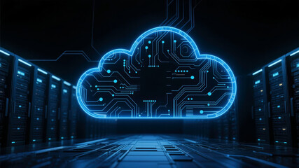 Digital Cloud Icon with Circuitry Over Server Room