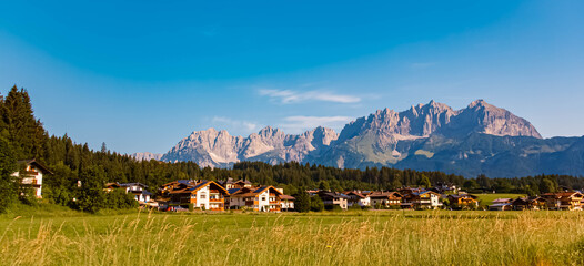 Alpine summer view with Mount Wilder Kaiser in the background at Oberndorf in Tirol, Kitzbuehel, Tyrol, Austria