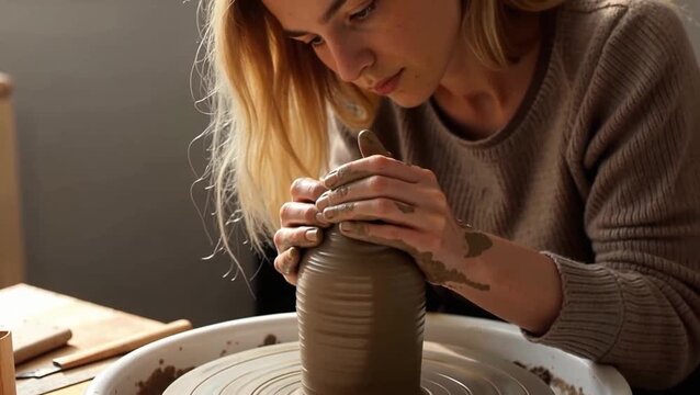 Manos de una mujer rubia joven, moldeando un florero de greda en un torno