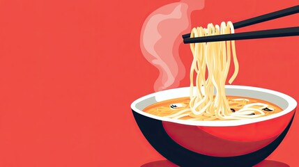 A steaming bowl of noodles is being lifted with chopsticks against a vibrant red background.