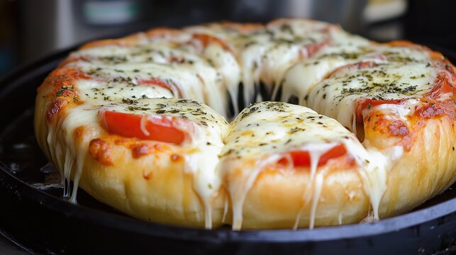 A delicious, cheesy pizza with a unique circular shape, topped with tomatoes and herbs, showcasing a gooey, melted cheese texture. - Powered by Adobe