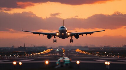 Aeroplane Landing at Sunset: Captivating photograph of an aeroplane approaching the runway as the sun dips below the horizon, casting a warm golden glow over the sky.