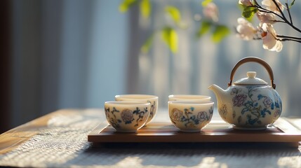 A serene tea set with a floral teapot and cups arranged on a wooden tray, accented by soft sunlight and delicate blossoms.
