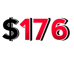 Bold red number $176 with a black dollar sign in a 3D style, featuring white and black outlines, creating a shadow effect on a white background.