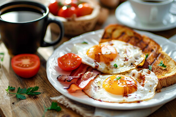 Classic European Breakfast with Sunny-Side-Up Eggs and Bacon