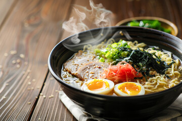 Steaming Hot Bowl of Japanese Ramen with Chashu Pork and Soft-Boiled Egg