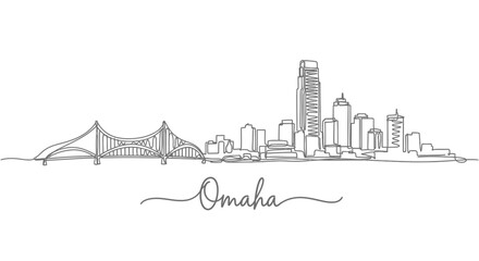 Obraz premium Omaha Nebraska Skyline Continuous Line Art with Cityscape Illustration.