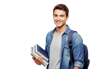 young student with books and backpack isolated on white