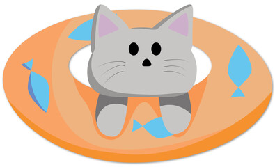 A cartoon-style cat in a swim ring with fish decorations, ready for fun in the water