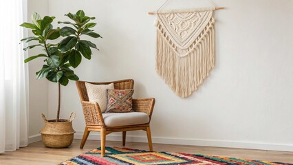 A beautiful and cozy corner of a modern living room, featuring a wicker armchair with cushions