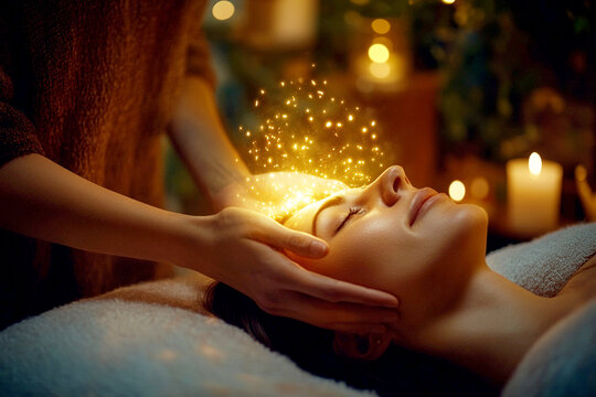 A relaxing reiki or head massage session, where a woman's face is gently treated by the hand of a practitioner. positive energy, health, and a serene lifestyle