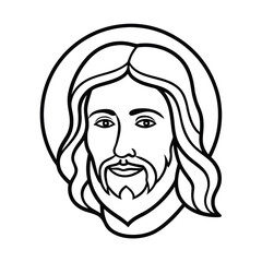 jesus christ face with halo line art on white background 
