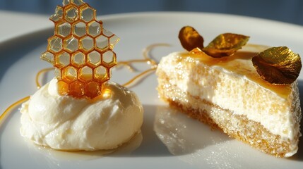 Honeycomb garnish placement vertical structure with cream dollop and glazed dessert slice on elegant white plate at premium restaurant