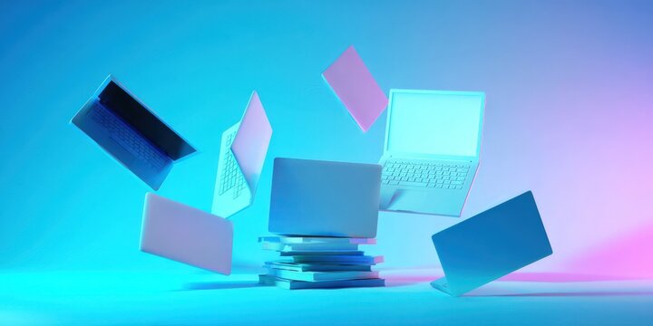 Laptops floating above books, representing knowledge, technology and education