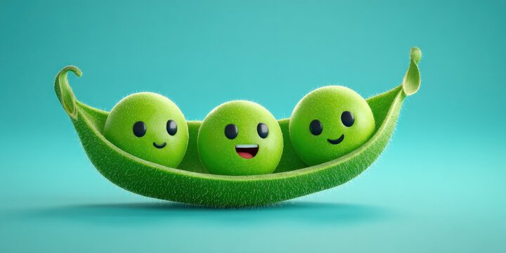 Three happy peas in a pod on a bright teal background, cute and cheerful