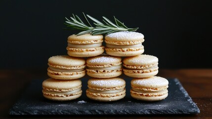 Macarons arrangement in elegant pyramid formation on slate serving board with fresh rosemary sprig and sugar powder, premium restaurant presentation