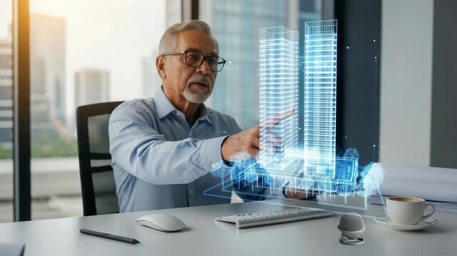 Architect uses voice commands to activate holographic building model with innovative modeling software.