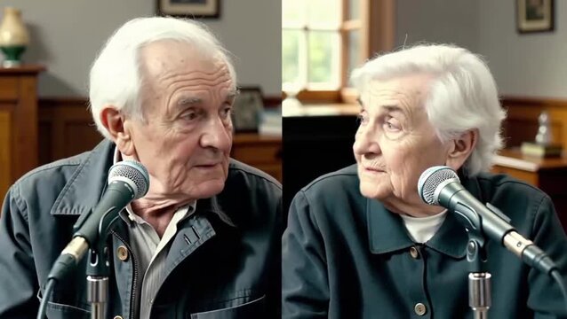Un Primer plano en pantalla dividida de un anciano y una anciana  en un podcast