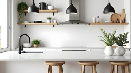 Minimalist Kitchen with White Countertops, Wooden Shelves, and Black Accents