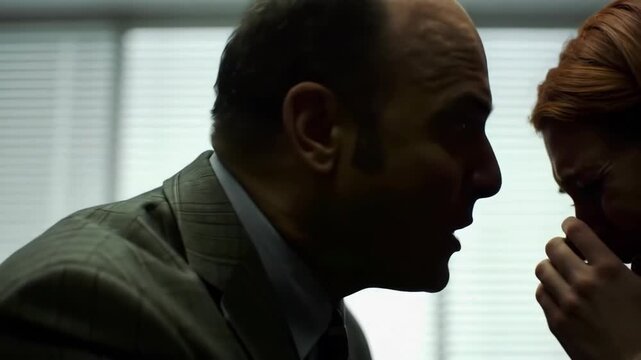 Angry man yelling at crying woman with hands over her face.