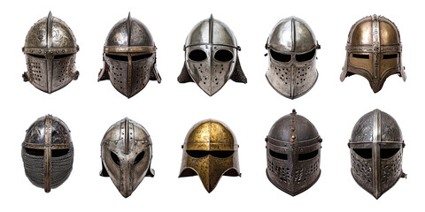 Set of antique steel and brass battle helmets in various historic designs isolated on white transparent background
