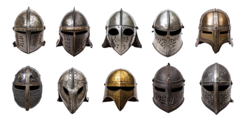 Set of antique steel and brass battle helmets in various historic designs isolated on white transparent background