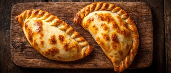Two delicious baked empanadas on a rustic wooden board, savory pastry