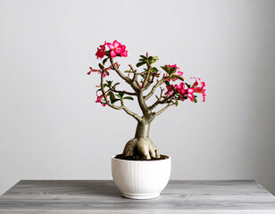 Adenium bonsai tree with flowers in pot on wooden table