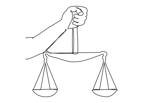 Continuous one line art of hand holding weight scale symbol for world day of social justice, Hand holding gavel law balance and scale of justice equilibrium equality judgment.  - Powered by Adobe