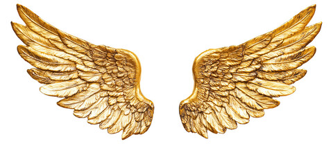 Golden decorative angel wings spread wide isolated on white transparent background