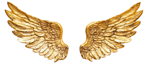 Golden decorative angel wings spread wide isolated on white transparent background