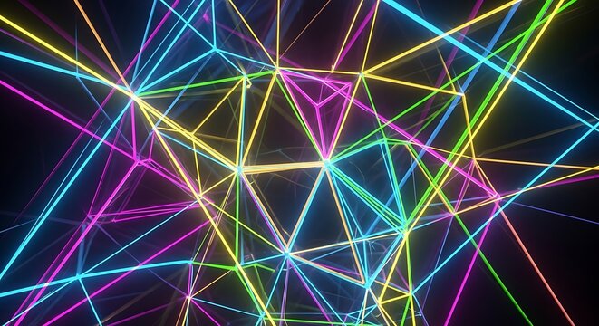 Abstract geometric design featuring intersecting neon lines in various vibrant colors against a dark background.