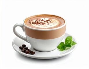 Obraz premium Hot coffee cappuccino with heart shaped foam art served in white cup on matching saucer with coffee beans and fresh mint leaves for breakfast or cafe beverages
