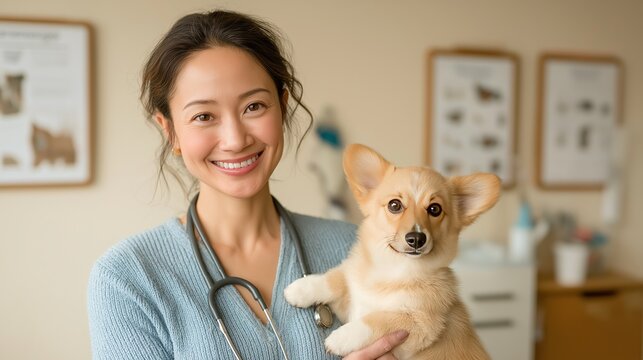 Portrait of a cheerful Asian female veterinarian holding a corgi puppy in a bright veterinary clinic. Ideal for animal care, veterinary services, pet wellness, and professional healthcare branding