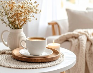 Cozy breakfast setting with a white coffee cup on a wooden tray, fresh flowers in a vase, soft blanket, candle, and natural daylight in a bright home interior