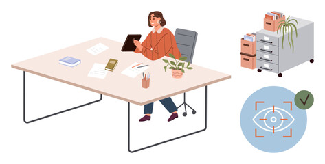 Woman seated at a desk holding a tablet amidst papers, laptop, and stationery. Filing cabinet, plant, and approval icon in the background. Ideal for productivity, organization, focus workflow