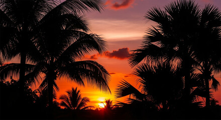 Tropical palm leaves silhouette against sunset sky