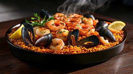 Traditional seafood medley paella with vibrant saffron rice, open shell mussels, prawns, clams and langoustines in authentic paella pan with steam rising